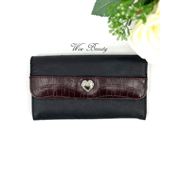 Classic Tri-Fold Wallet Two Tone Black Brown Multi-Compartments Snap Closure - Picture 7 of 7
